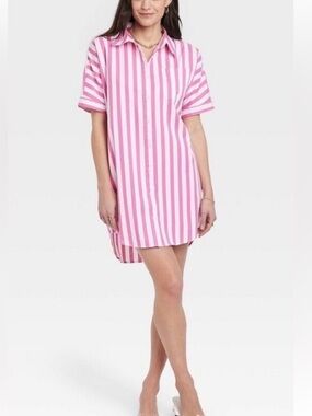 A New Day Pink White Striped Cotton Shirtdress Cover Up XL